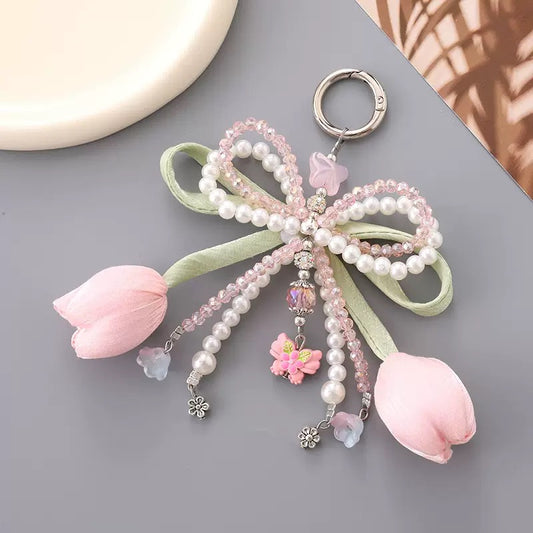 phone charm keychain tulip phone charm with bow double layer bow