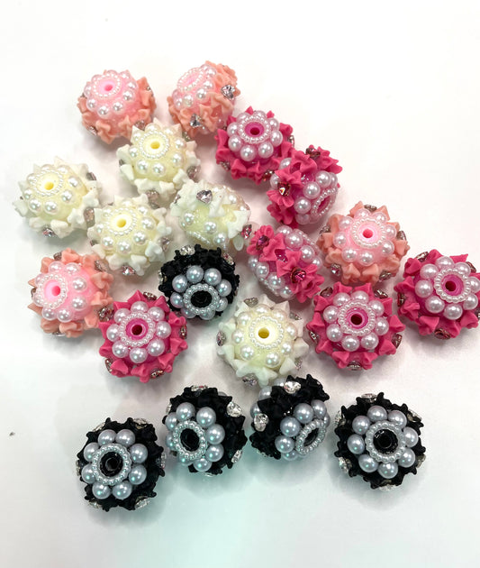 Fancy acrylic base bead ornaments with pearl and heart shape rhinestione crystal ,colored ,random mix