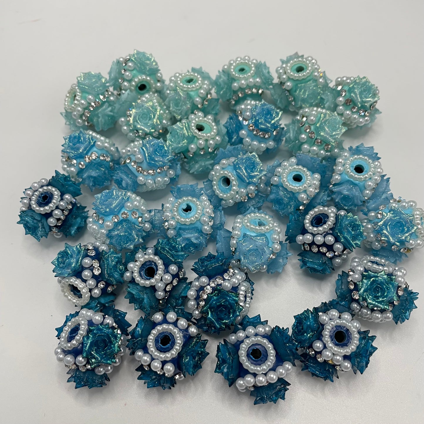 Teal Flower beads with pearl spacer clay bead