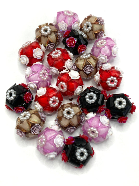 Flower Acrylic heart Pearl gasket Clay beads 22mm Random Mix