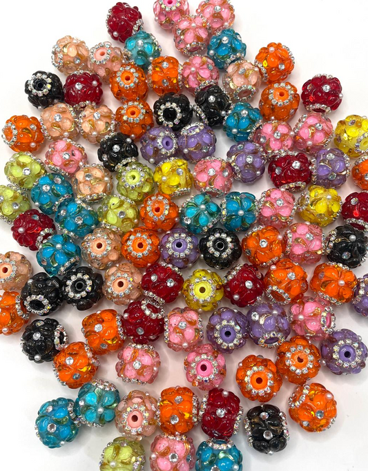 fancy bead colorful acrylic base bead with colorful leaves and ornaments with rhinestone and and pearl