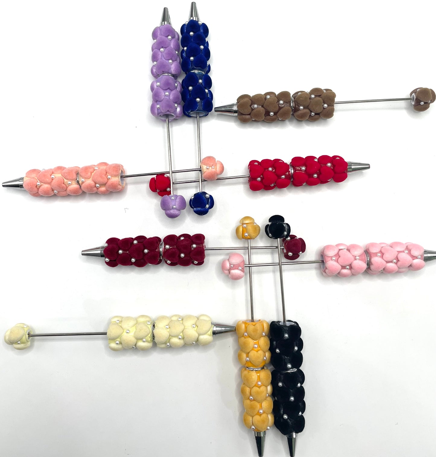 beaded beadable fancy flocked fuzzy heart pens,colored