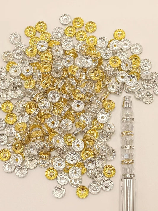 Gold & Silver Straight Spacers With Rhinestone,Random Mix,10mm