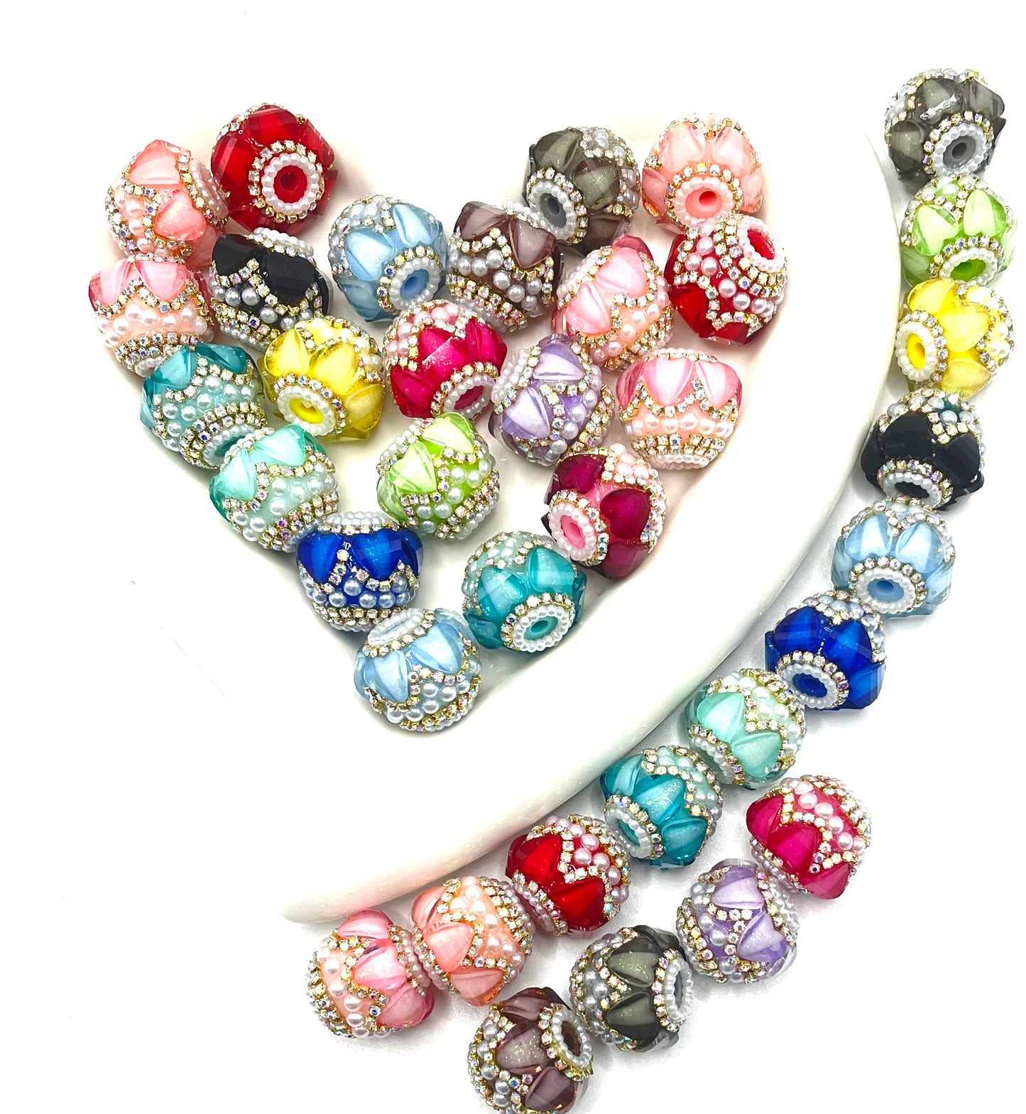 Gold color rhinestone chain Beaded beadable fancy lantern heart beads ornaments with rhinestone gold color chain and pearl ,random mix