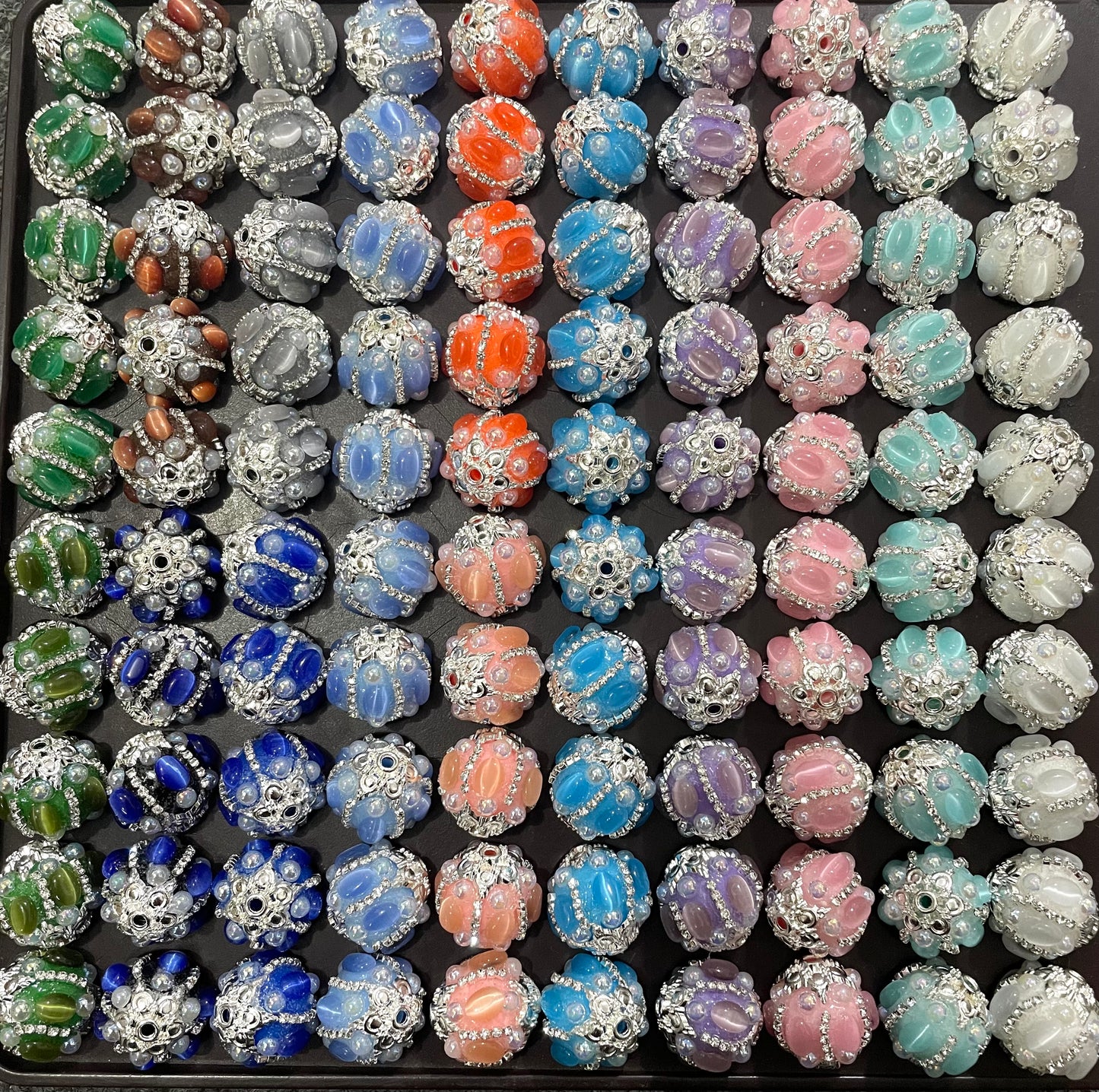 Restock more colors -beaded beadable craft fancy bubble shape cat eye  stone beads  ornaments with pearl and rhineston chain and metallic bead cap cover the top and bottom ,random mix ,colored