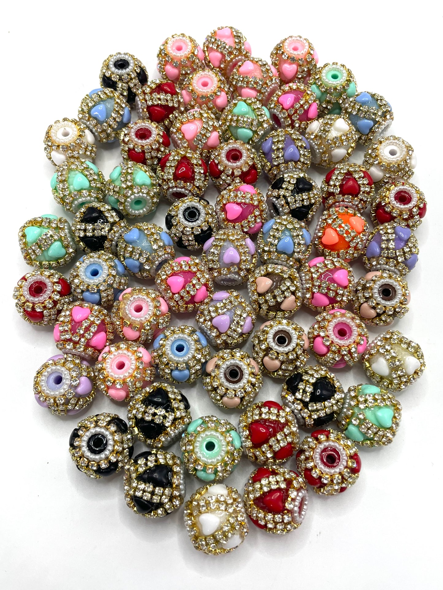 fancy bead ornaments with double rhinestone chain solid color acrylic heart pearl ,diy bead,random mix color