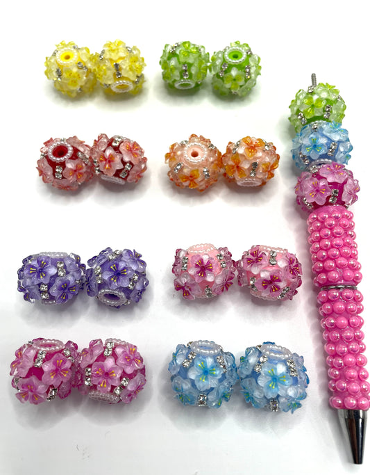 Beaded beadable hibiscus flower beads ornaments with pearl and rhinestone,colored .random mix