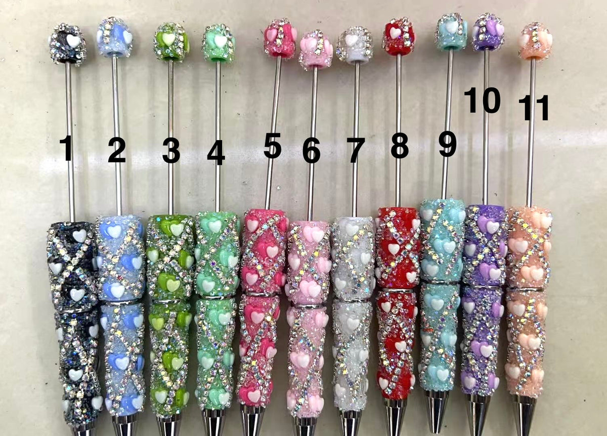 diy beaded beadable beady fancy pen ornaments with double heart and rhinestone chain ,random mix