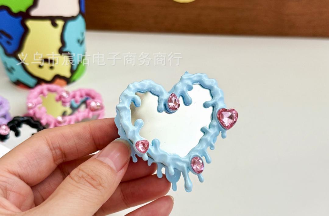 Beaded beadable fancy hand painting heart shaped mirror beads double size mirror ornaments with crystal heart