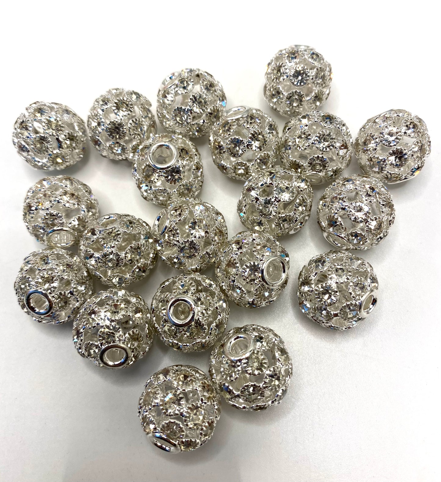 Metal Gold & Silver Hollow Ball with AB Rhinestone Alloy Beads,Random Mix,16mm