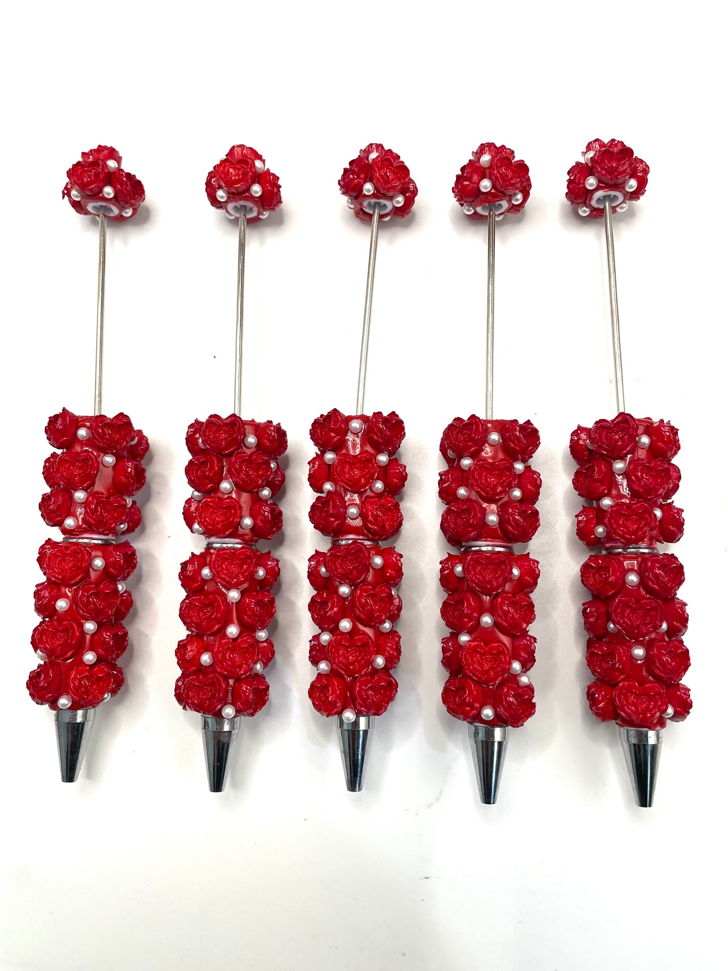 diy beads with fancy heart shaped rose flower pens ornaments with pearl fancy flower pens Christmas color red