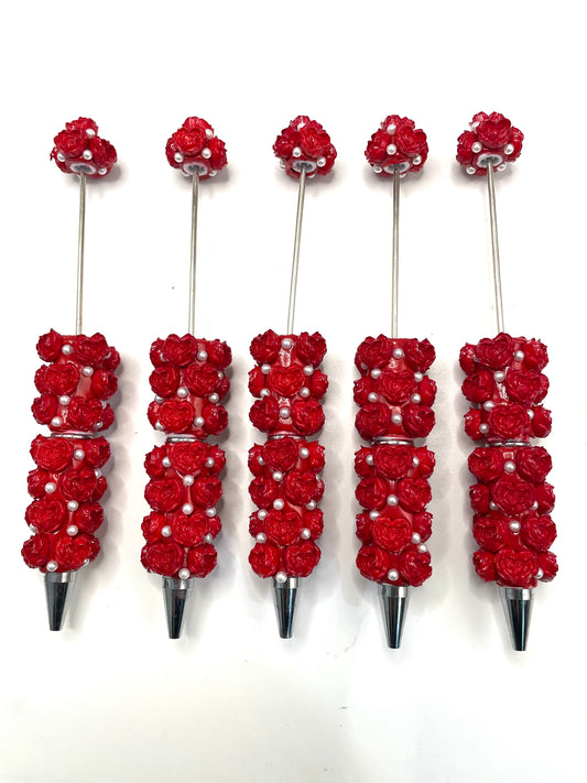 diy beads with fancy heart shaped rose flower pens ornaments with pearl fancy flower pens Christmas color red