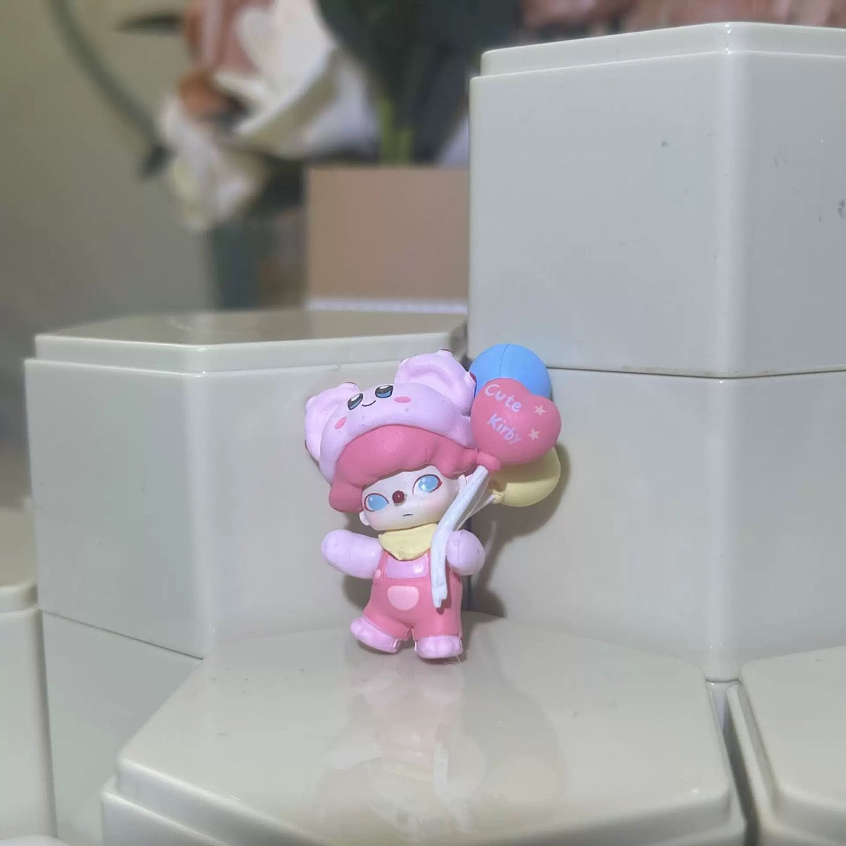 Diy topper pink dimoo with heart balloon and bow doll figure for valentine