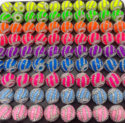 beaded beadable fancy Neon color beads mirror beads with silver rhinestone chain,random mix