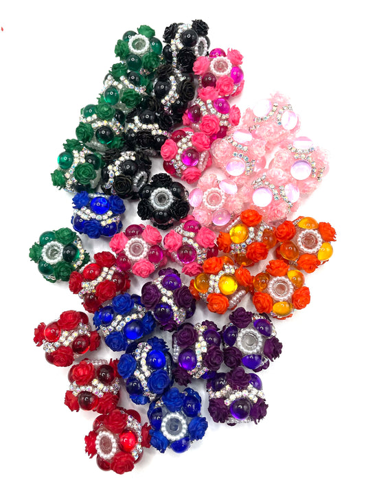 fancy flower beads beaded beadable ornaments with bubble and pearl  and silver  rhinestone chain