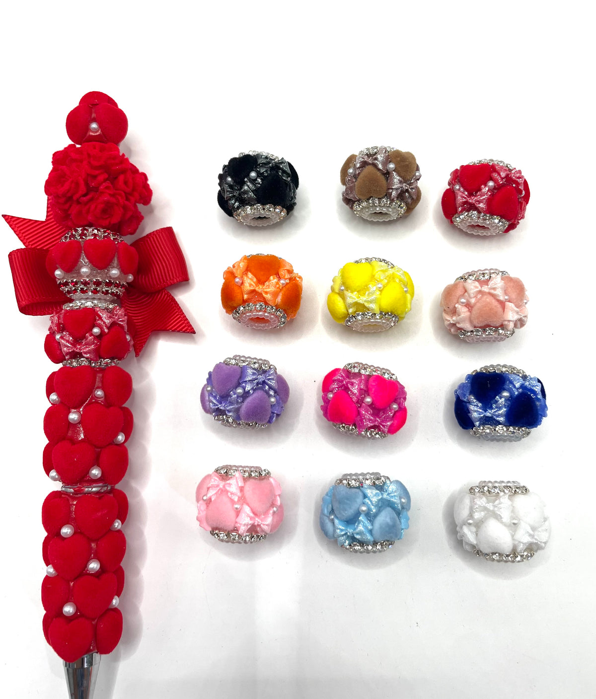 diy beaded beadable fancy beads fuzzy flocked ornaments with acrylic bow and pearl and rhinestone chain
