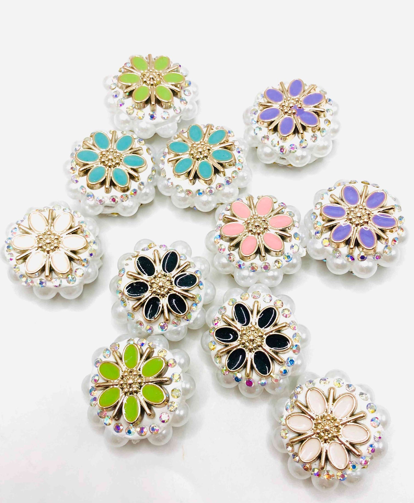 Clay bead Metallic flower with diamond with pearl flat round beads 24mm Fancy-301