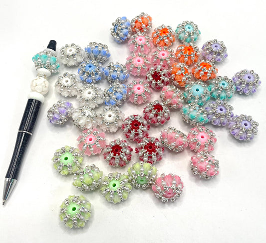 fancy Flower tulip flower acrylic solid bead base ornament with tulip flower Chain rhinestone Pearl  24mm Random Mix