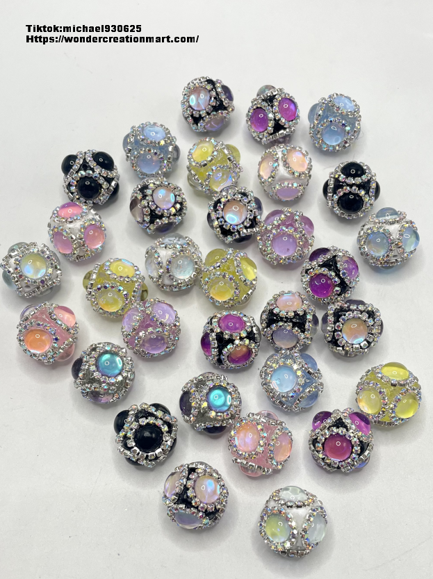 Fancy Bead Rhinestone Chain Wrapped Multicolor Half Round Cat Eye Acrylic Beads,Random Mix,18mm Fancy-261