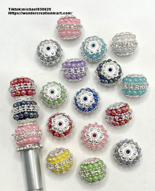 Fancy Bead Half Round UV Color Pearl with Rhinestone Chain Flower Top Beads,Random Mix,20mm Fancy-63