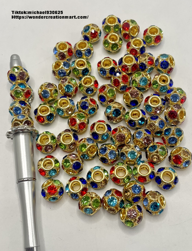 Metal Gold Hollow Ball with Colorful Rhinestone Spacers Beads,Random Mix,14mm