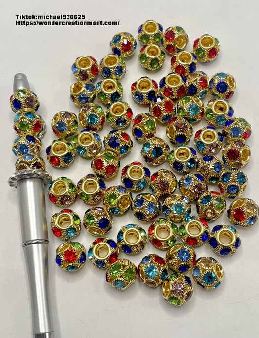 Metal Gold Hollow Ball with Colorful Rhinestone Spacers Beads,Random Mix,14mm