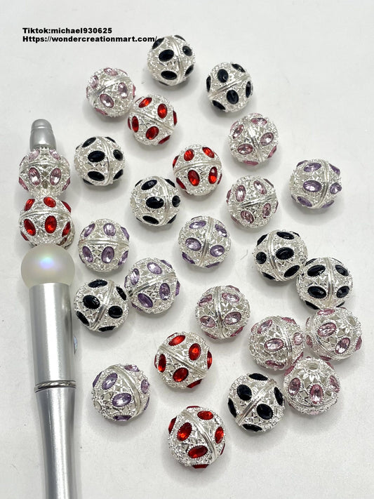 Fancy Bead Fancy Rhinestone Bead Alloy Hollow Silver Metal Ball with Colored Rhinestones Beads ,Random Mix,15mm Fancy-247