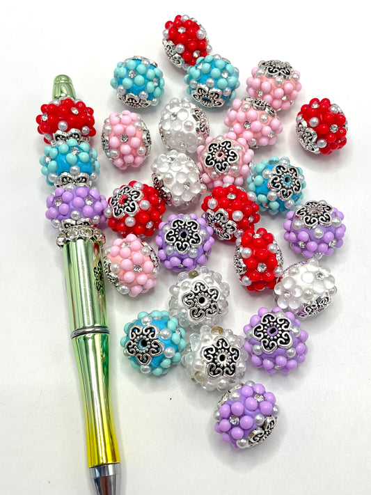 Bubble Flower Bead with Pearl Metal Flower Top Clay Beads,Random Mix,18mm Fancy-499