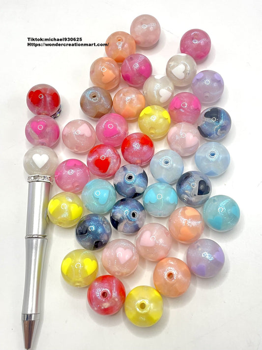 Clear Glitter 3D Heart Multicolor Acrylic Round Beads,Random Mix,20mm