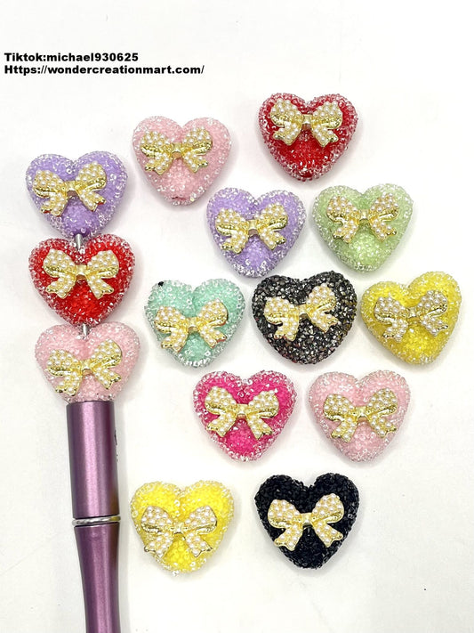 Shiny Sugar Heart Multicolor Bead with Pearl Metal Bowknot,Random Mix,25mm