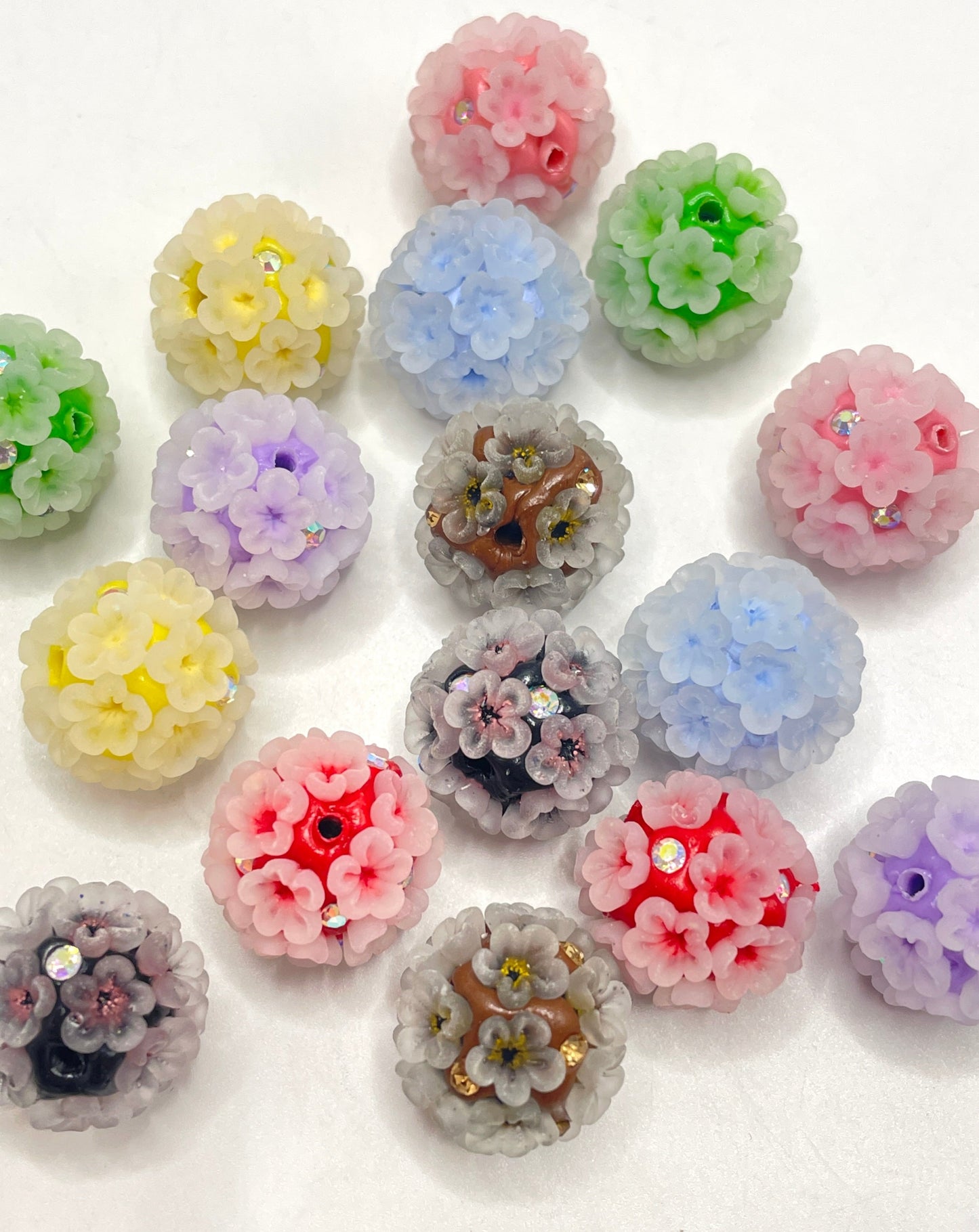 Frosted Flower Cherry Blossom with Rhinestone Multicolor Clay Beads,Random Mix,20mm