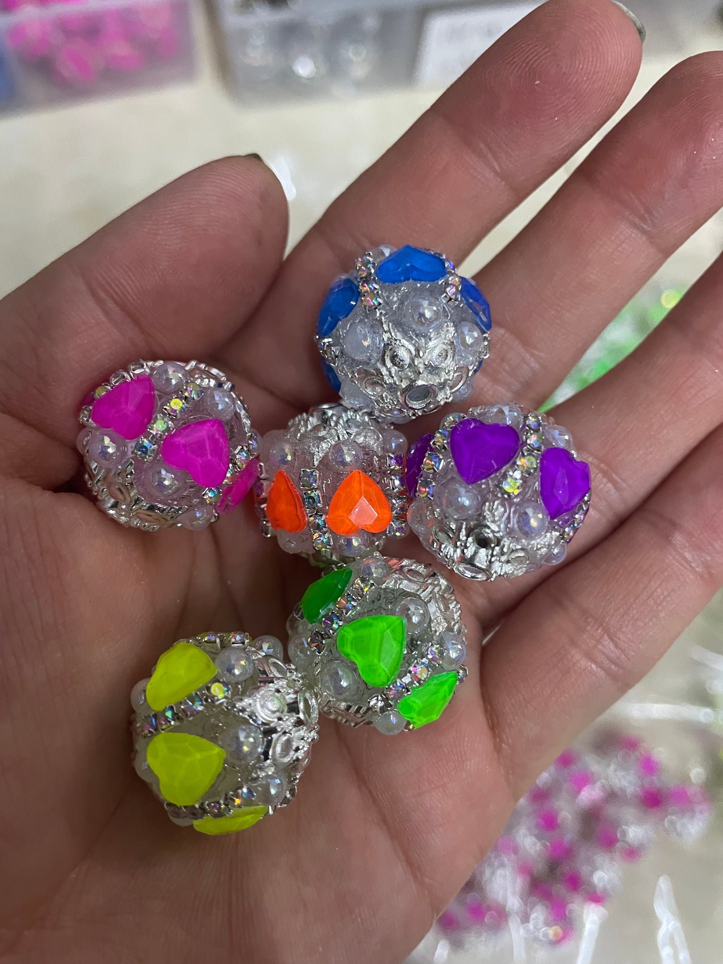 Neon beads heart beads with silver rhinestones chain and bead cap fancy beads