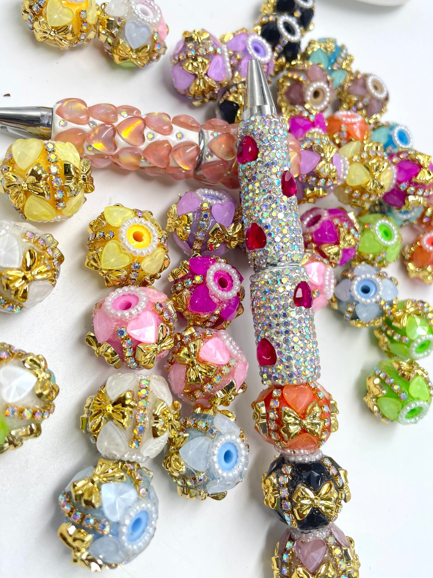 diy  beaded beadable fancy bow bead ornaments with  golden color bow and rhinestone chain