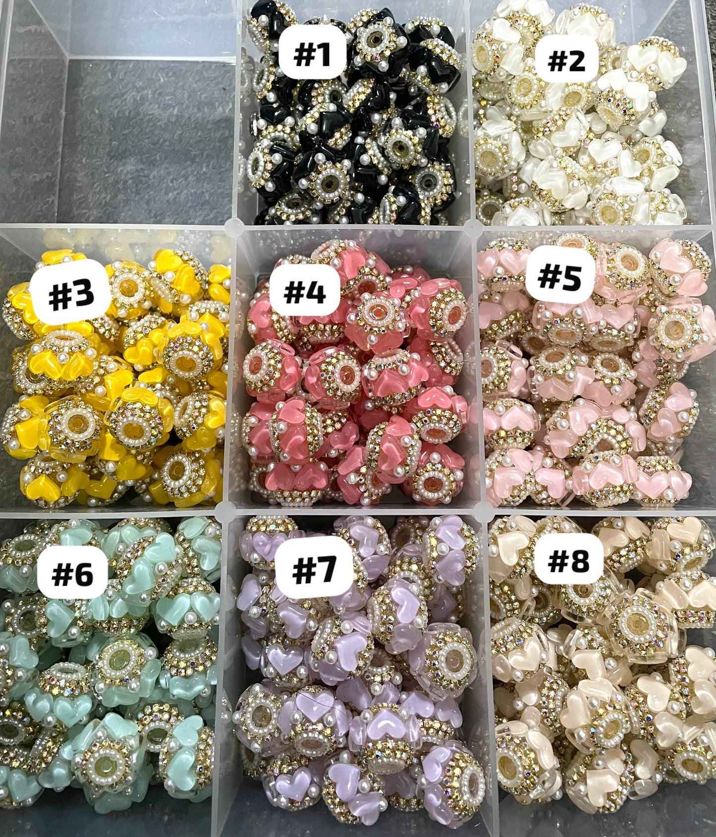 gold color rhinestone chain diy beaded beadable heart shape fancy beads ornaments with pearl and gold color rihnestone chain,colored ,random mix