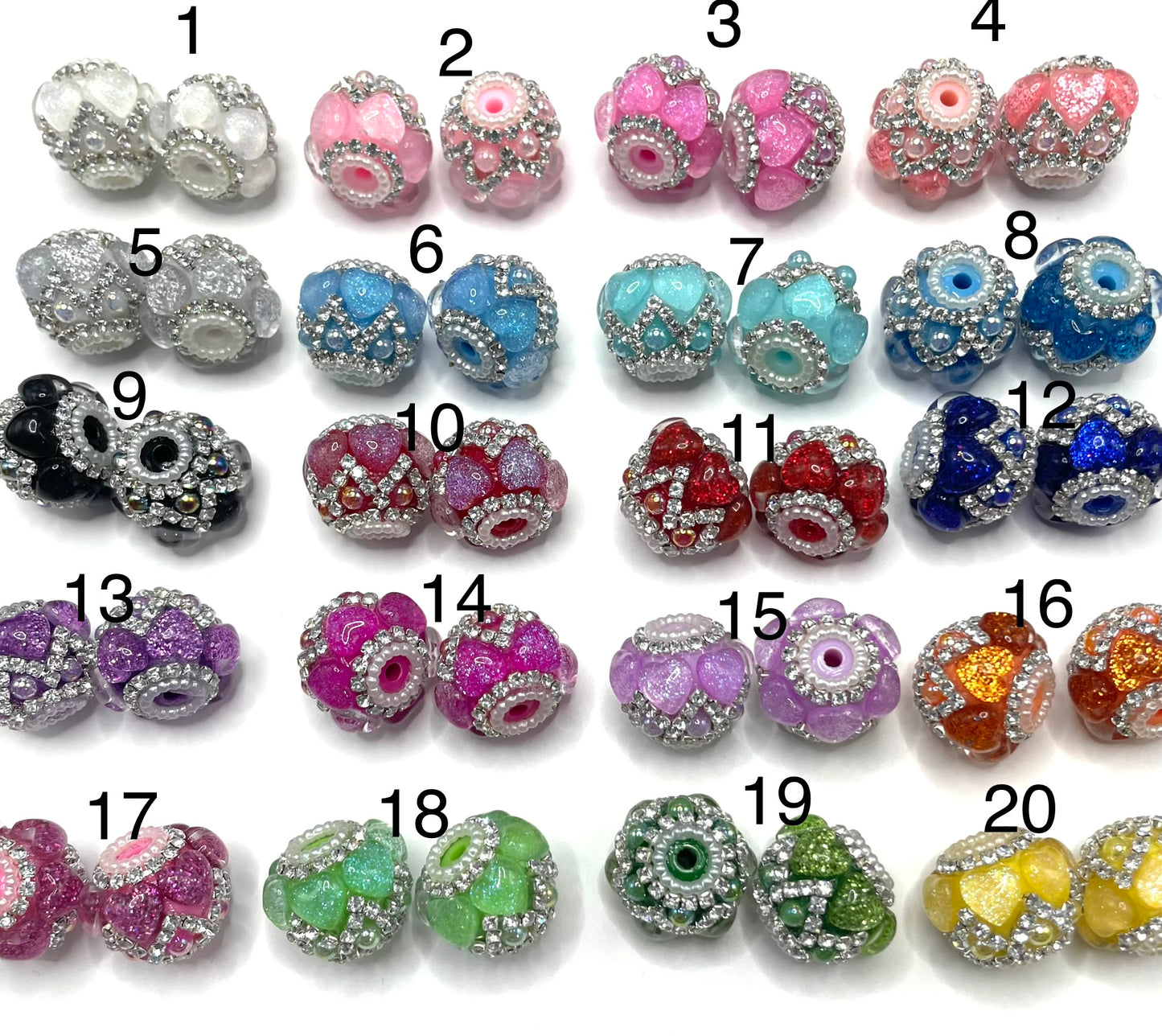 diy beaded beadable fancy beads ornaments with glitter heart and rhinestones chain and pearl ,random mix