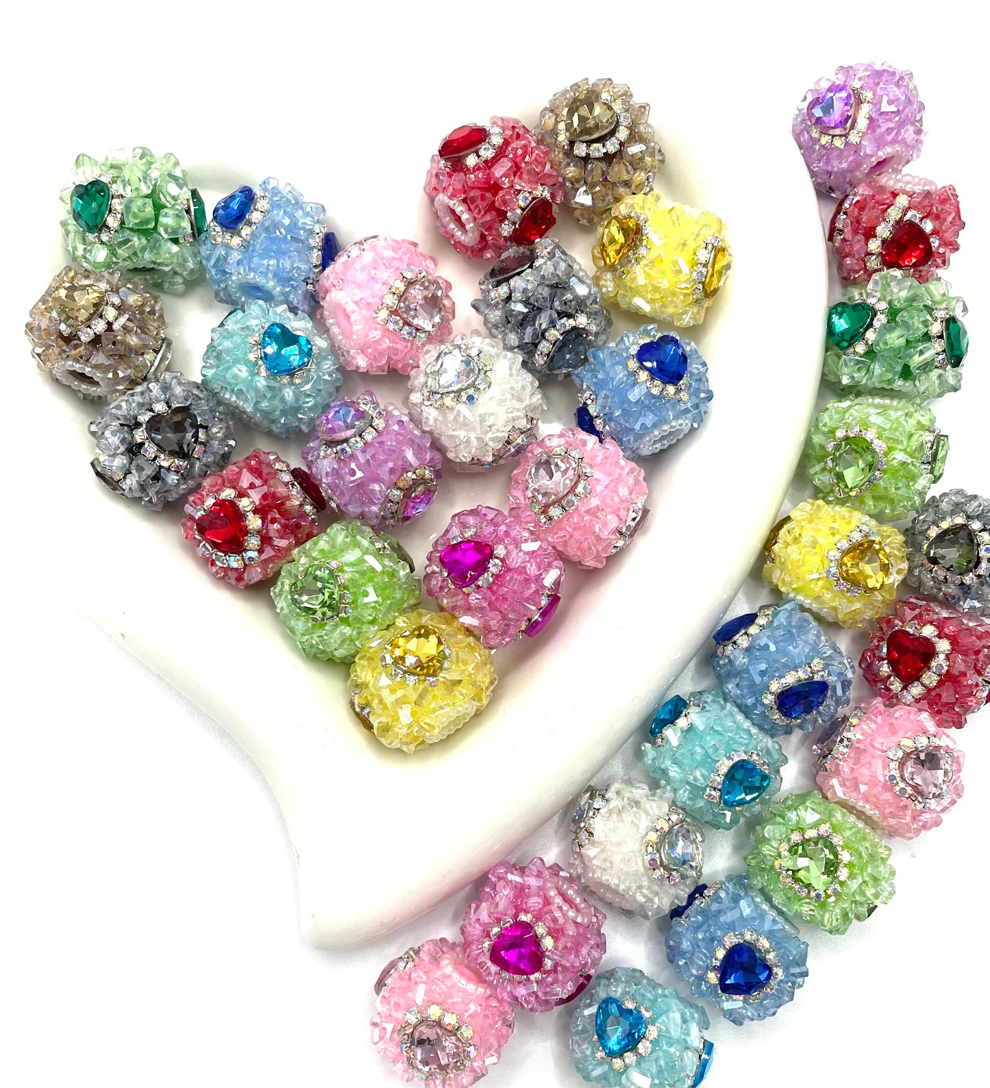 Beaded beadable fancy beads fancy crystal sugar stone with crystal rhinestone heart with rhinestone chain ,colored,random mix