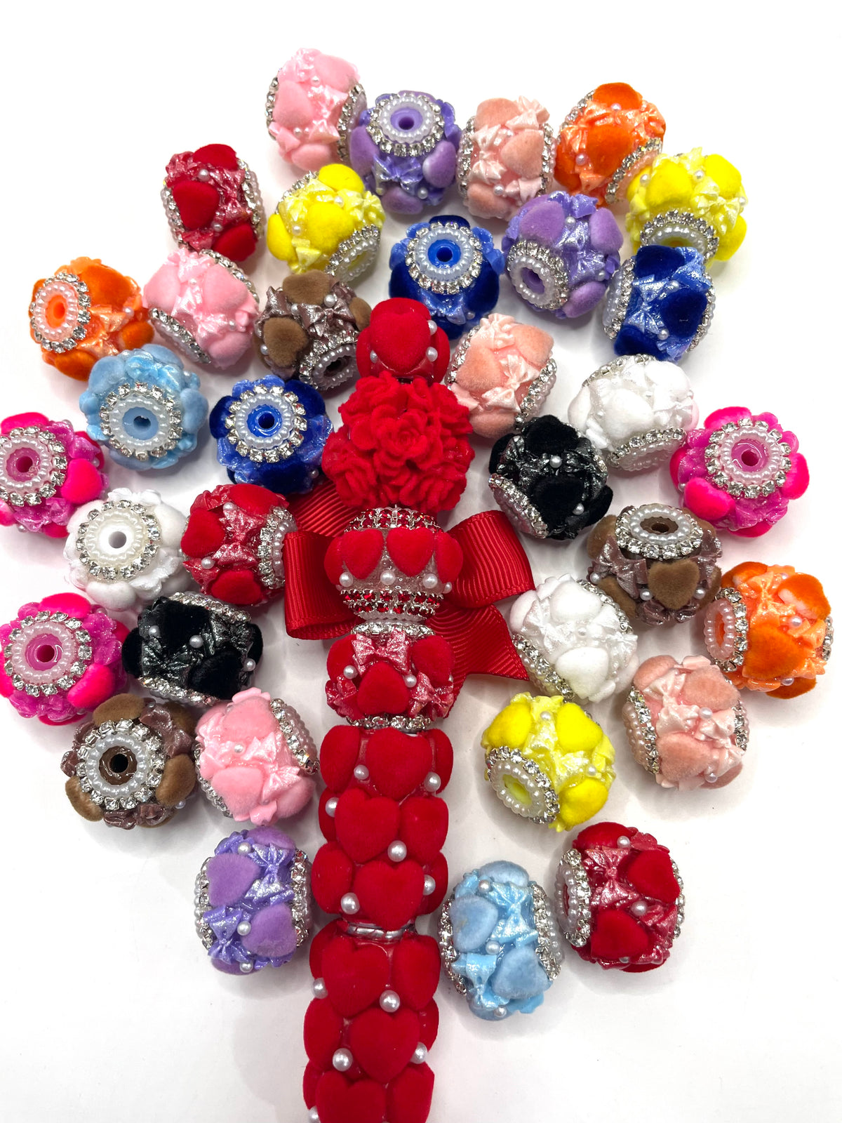 diy beaded beadable fancy beads fuzzy flocked ornaments with acrylic bow and pearl and rhinestone chain