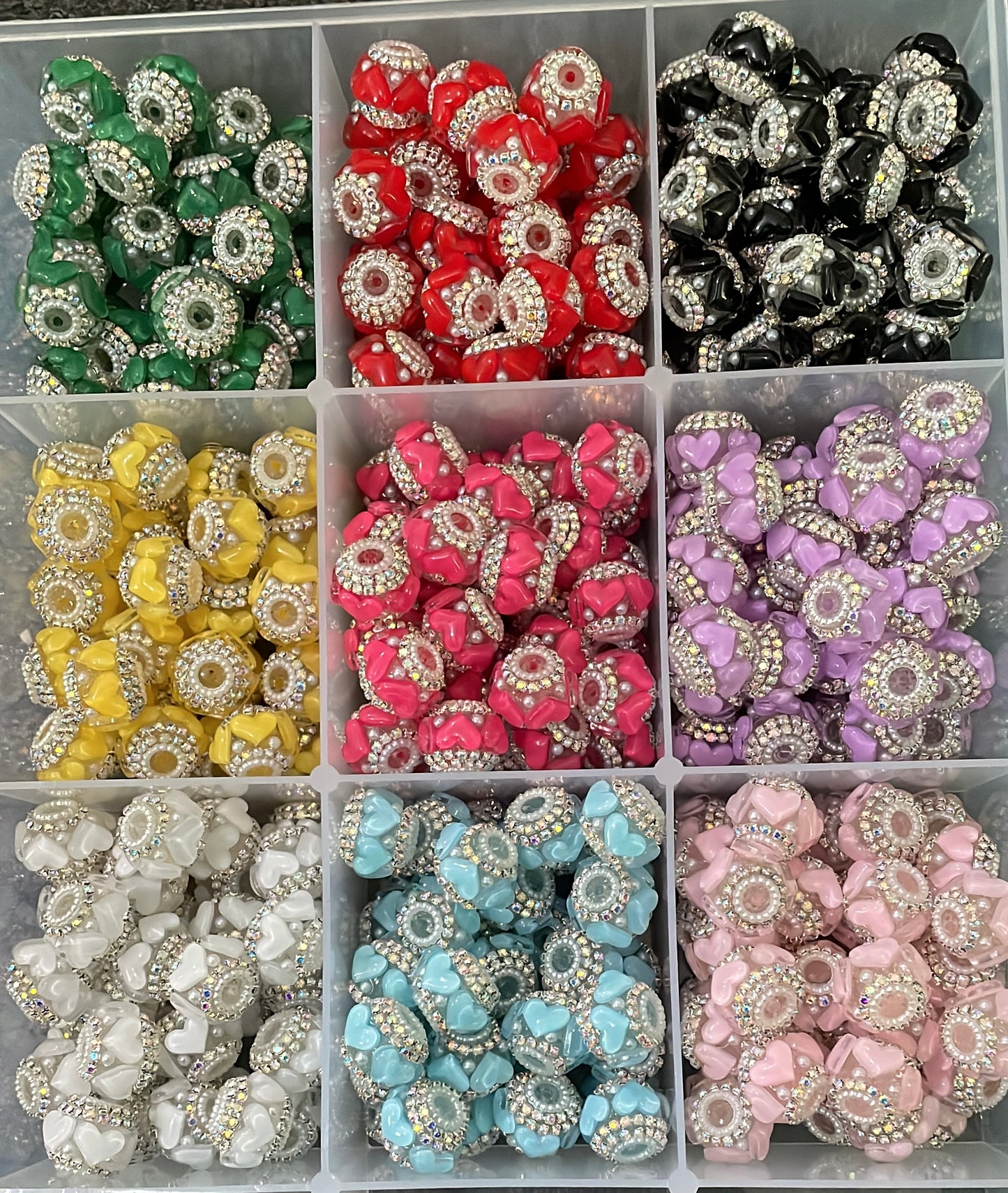 diy beaded beadable heart shape fancy beads ornaments with pearl and rihnestone chain,colored ,random mix