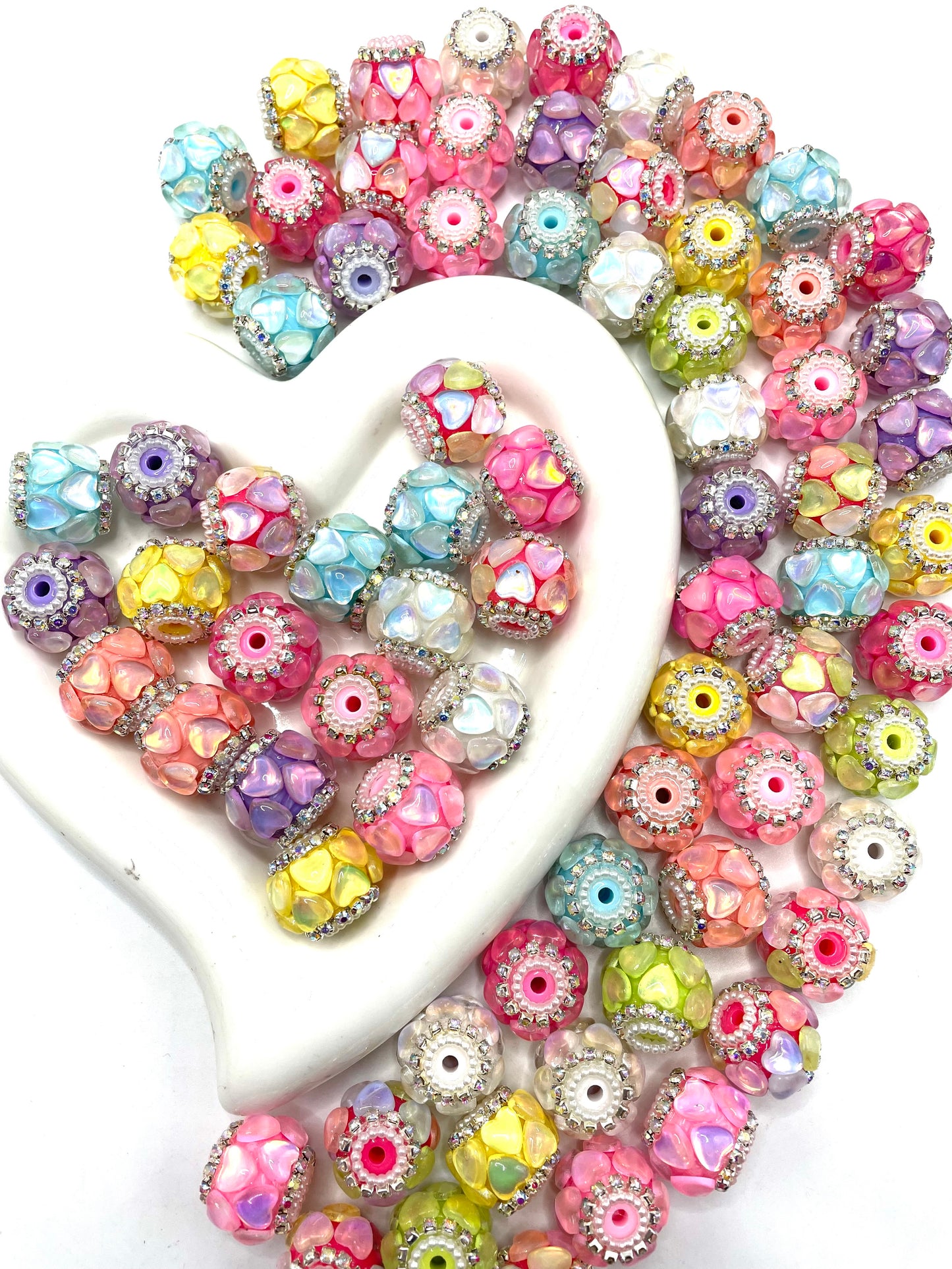 Beaded beadable fancy heart bead ornaments with rhinestone and pearl ,colored ,random mix