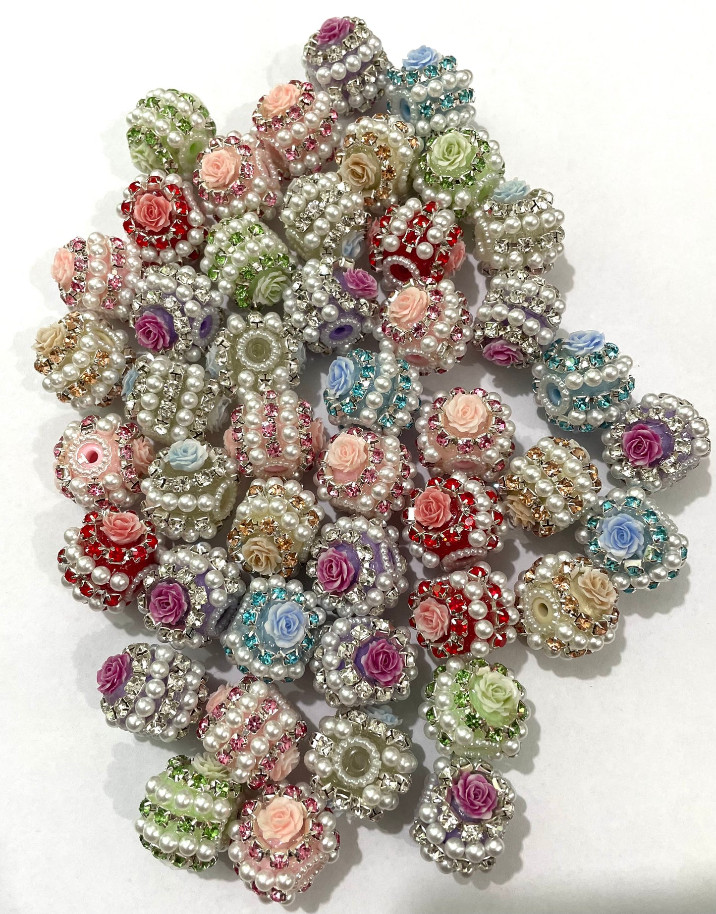 fancy bead acrylic base bead ornaments with rose flower rhinestone chain abs pearl ,colored ,random mix