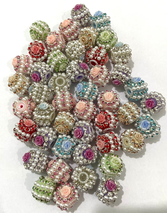 fancy bead acrylic base bead ornaments with rose flower rhinestone chain abs pearl ,colored ,random mix