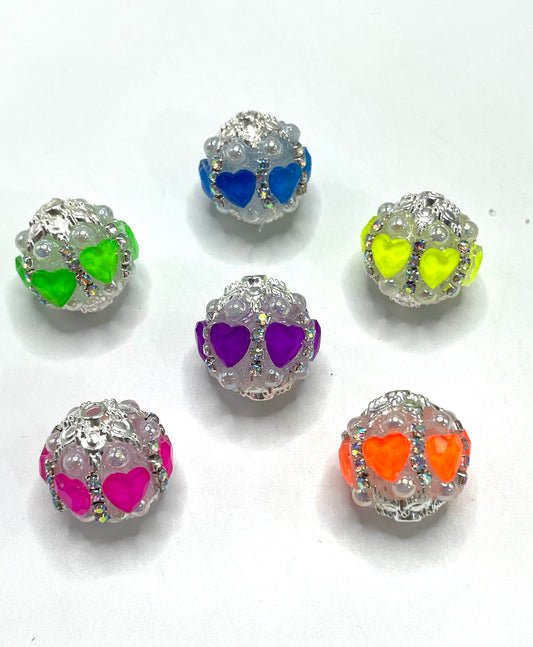 Neon beads heart beads with silver rhinestones chain and bead cap fancy beads