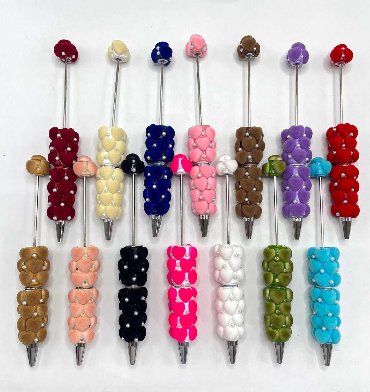 beaded beadable fancy flocked fuzzy heart pens,colored