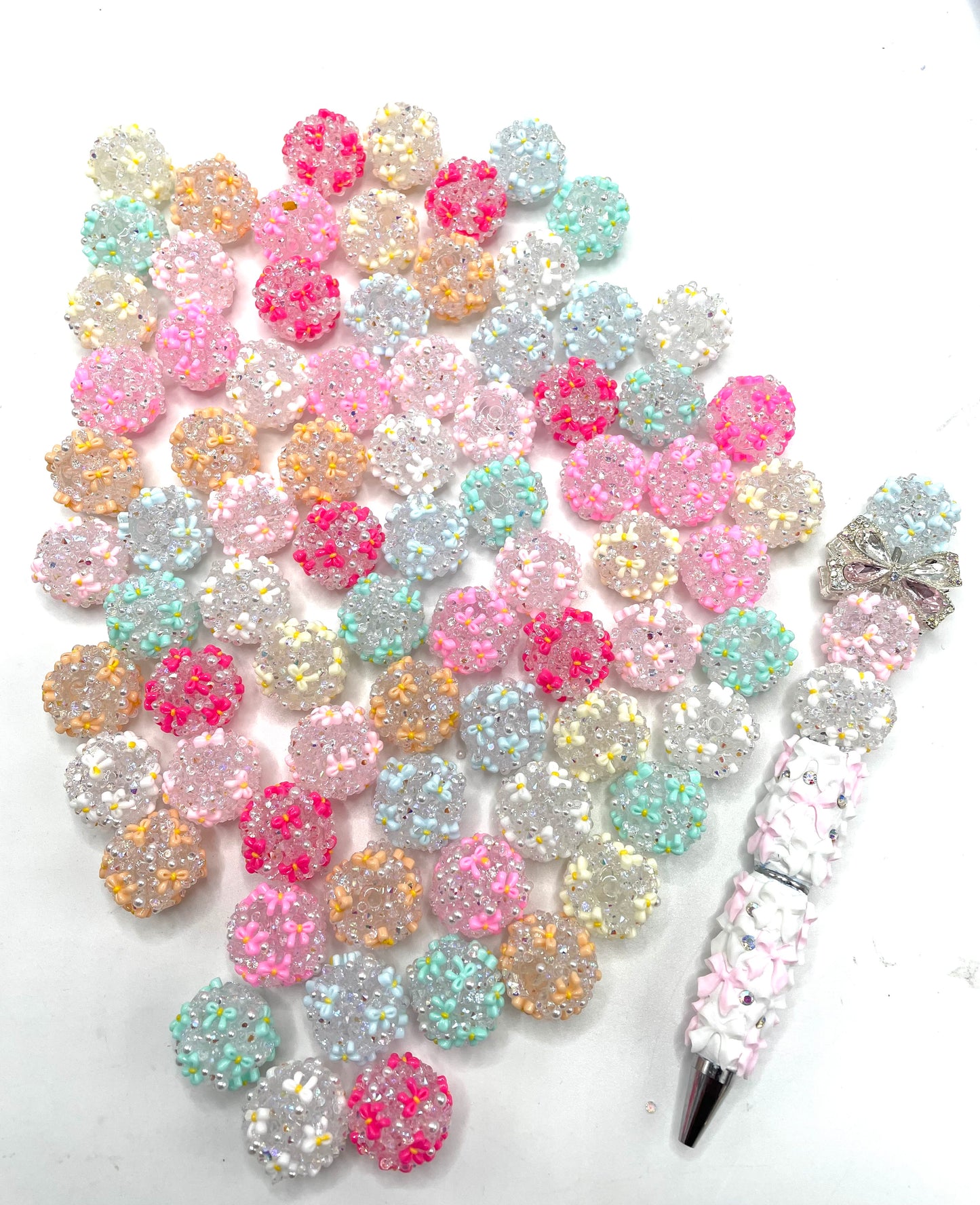 Beaded beadable fancy bead ornaments with pearl and sugar and bow ,colored,random mix