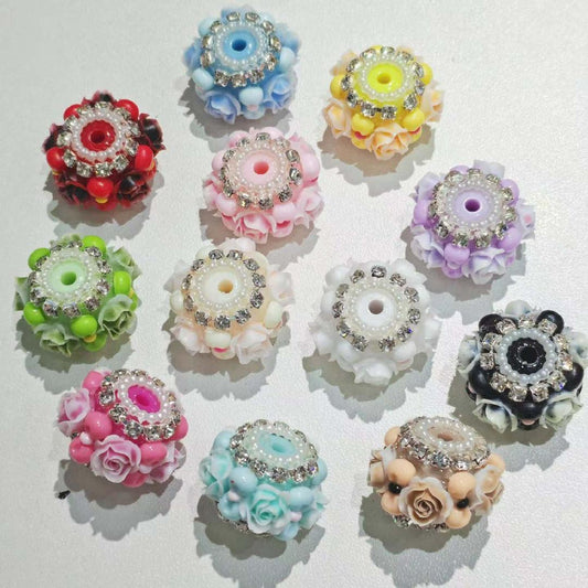 Beaded beadable fancy rose flower bead ornaments with rhinestone chain and pearl .colored,random mix