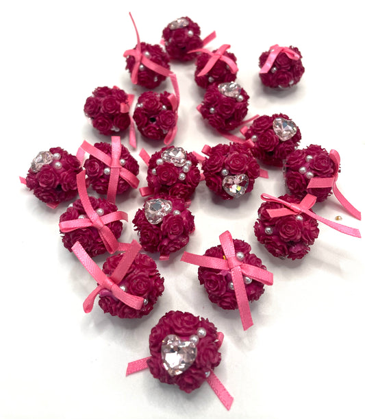 diy soft rose bow flower beads ornament with heart shape stone ,colored,random mix