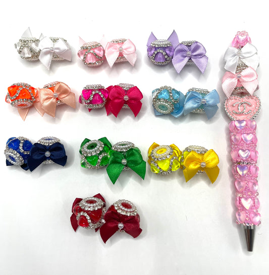 DIY beaded beadable textile fabric fancy bow bead ornaments with pearl and rhinestone chain and crystal heart ,colored ,random mix