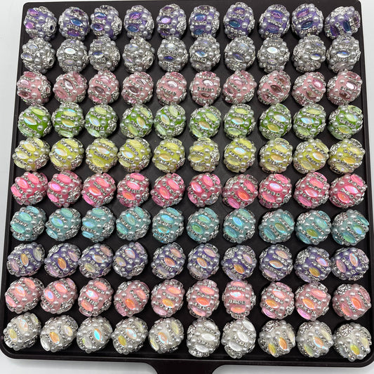beaded beadable craft fancy bubble shape stone beads ornaments with pearl and rhineston chain and metallic bead cap cover the top and bottom random mix ,colored