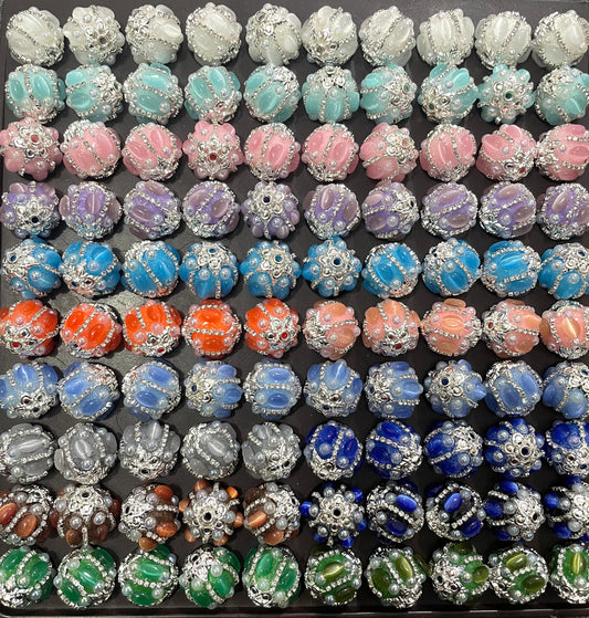 Restock more colors -beaded beadable craft fancy bubble shape cat eye  stone beads  ornaments with pearl and rhineston chain and metallic bead cap cover the top and bottom ,random mix ,colored