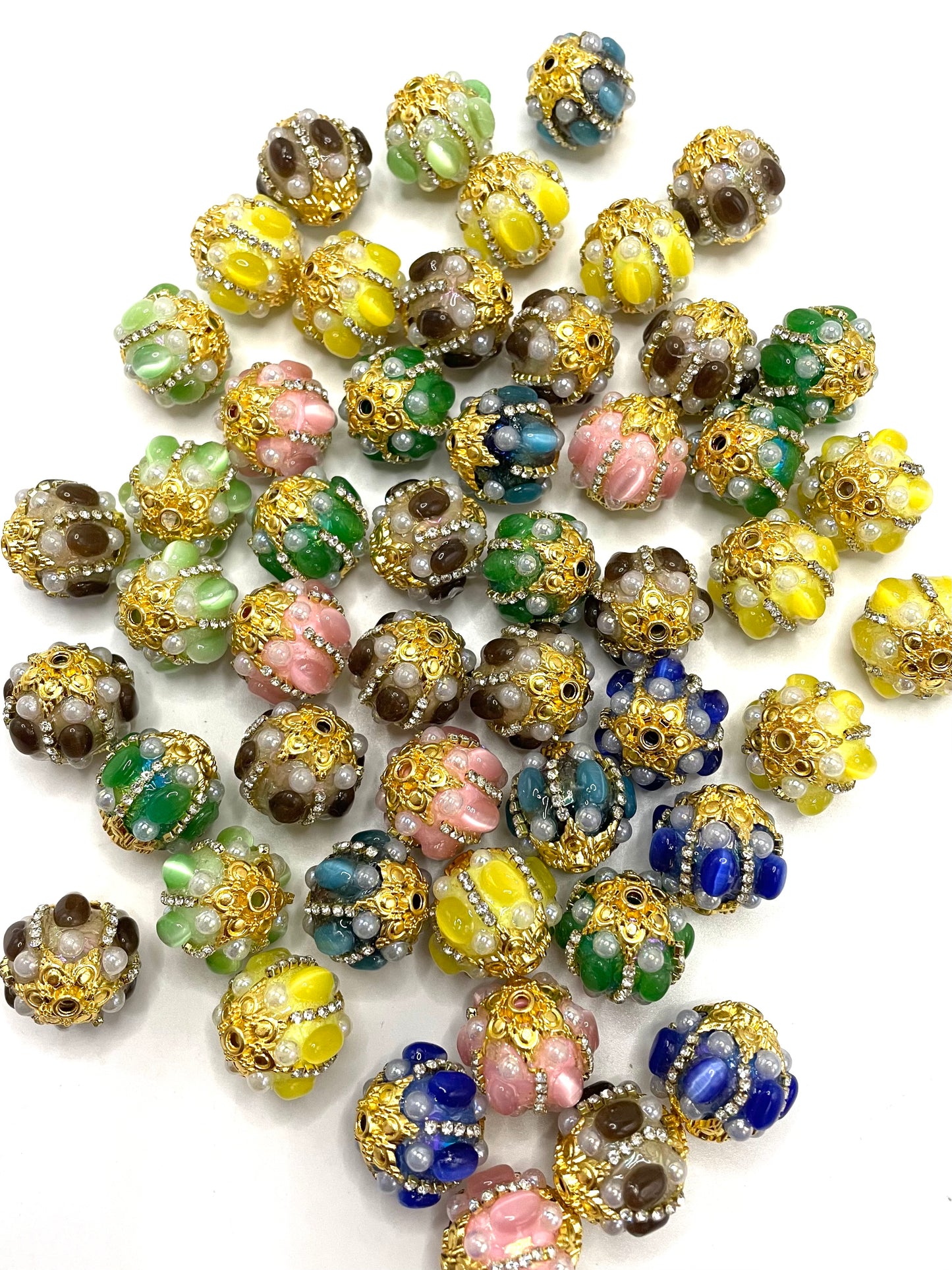 DIY fancy bead with metal metallic gold bead cap and pearl and colored stone ,random mix